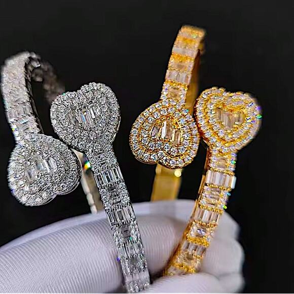 Open Heart Gold Baguette Iced Out Cubic Zircon Diamond Bangle Cuff Bra… - Picture 2 of 5